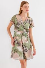 2502 Kısa Kol Desenli Şifon Elbise - Çağla