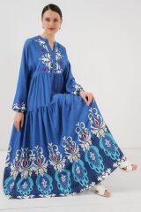 2423 Otantik Desenli Tesettür Elbise - F. İndigo
