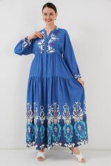 2423 Otantik Desenli Tesettür Elbise - F. İndigo