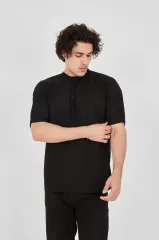 Unisex Waffle Kumaş Rahat Kol T-Shirt - Siyah