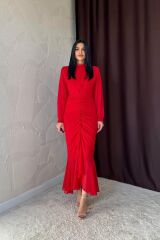 Kırmızı Önü Büzgülü Şifon Elbise