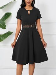 Kadın Kısa Kollu Yuvarlak Yaka Damla Detaylı Janjan Elbise