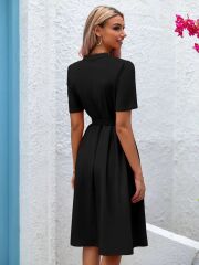 Kadın Kısa Kollu Düğmeli Ve Kemerli Atlas Elbise