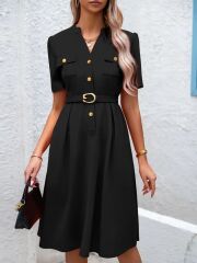 Kadın Kısa Kollu Düğmeli Ve Kemerli Atlas Elbise