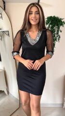 Kadın Truvakarkollu V Yaka Kollar Tüllü Yaka Ve Bilekler Payet Detay Krep Elbise