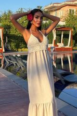 Göğsü Trikolu Keten Uzun Elbise 2904-08