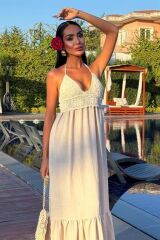 Göğsü Trikolu Keten Uzun Elbise 2904-08