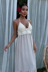 Göğsü Trikolu Keten Uzun Elbise 2904-08