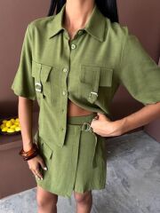 Gömlek Şort Etek Viscon Keten Takım 10162