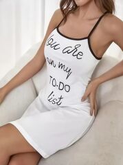 Kadın Kolsuz Askılı Sırt çapraz Detay To Do List Baskı Süprem Gecelik Elbise