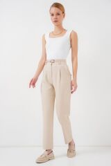 Pileli Kemerli Kumaş Pantolon 6725 - Krem