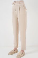 Pileli Kemerli Kumaş Pantolon 6725 - Krem