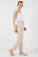 Pileli Kemerli Kumaş Pantolon 6725 - Krem