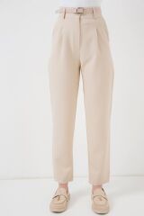 Pileli Kemerli Kumaş Pantolon 6725 - Krem