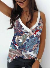 Kadın Omuz Askılı V Yaka Dijital Baskı Detay Mikro Kumaş Bluz