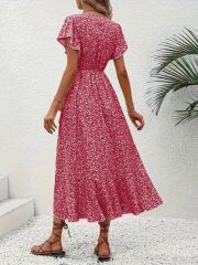 Kadın Kısa Kollu Kruvaze Yakalı Desenli Süprem Elbise