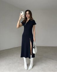 Kadın Kısa Kollu Yakadan Ve Etekten Fermuarlı Midi Viskon Iki Iplik Elbise
