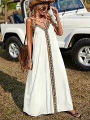 Kadın Askılı V Yakalı Etnik şerit Detaylı Uzun Viskon Elbise