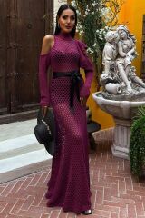 Saten Kuşaklı Ajurlu Triko Elbise 2847