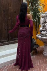 Saten Kuşaklı Ajurlu Triko Elbise 2847