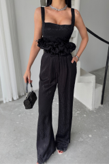 JAKARLI BLUZU TASARIM DETAYLI CEKET-PANTOLON-BLUZ 3 LÜ TAKIM - Siyah