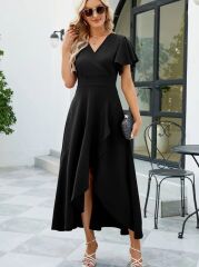 Kadın Kısa Kollu Kruvaze Yakalı önden Volanlı çapraz Kesim Detaylı Maksi Boy Ithal Krep Elbise