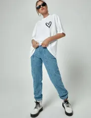 Bisiklet Yaka Baskılı Oversize T-Shirt - Beyaz