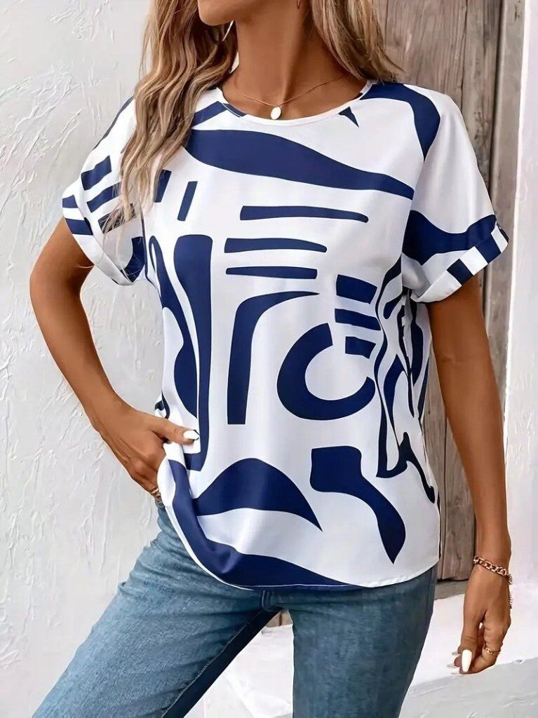 Kadın Kısa Kollu Yuvarlak Yaka Desenli Süprem Bluz