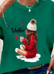 Kadın Yılbaşı özel Uzun Kollu Bisiklet Yaka Desenli Viskon Iki Iplik Bluz