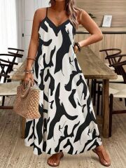 Kadın Ip Askılı Geniş V Yakalı Leopar Desenli Süprem Elbise