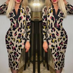 Kadın Uzun Kollu V Yaka Puantiyeli Krep Midi Boy Elbise