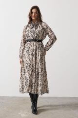 Yılan Desen Uzun Yaka Detaylı Elbise - Krem-Siyah