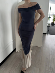 Striptiz Omuzlu Uzun Elbise- Füme