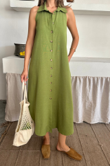 KETEN ÖNDEN DÜĞMELİ KOLSUZ GÖMLEK YAKA ELBİSE - Yağ Yeşili