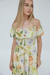 Madonna Yaka Elbise - Yeşil - Ekru