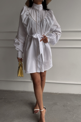 ÖNDEN DÜĞMELİ POPLİN KLOŞ ELBİSE BAĞLAMA KEMER DETAYLI - Beyaz