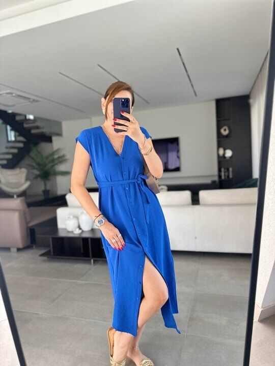 Kadınn V Yaka Düğme Detay Kuşak Dahil Elbise