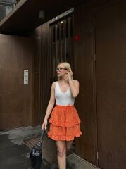 BEL LASTİKLİ KAT FIRFIR DETAYLI KISA ETEK - Turuncu