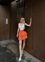 BEL LASTİKLİ KAT FIRFIR DETAYLI KISA ETEK - Turuncu