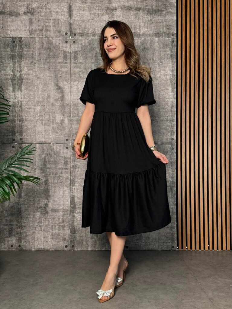 Kadın Kısa Kollu Yakası Açık Katlı Bürümcük Balon Elbise