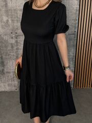 Kadın Kısa Kollu Yakası Açık Katlı Bürümcük Balon Elbise