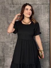 Kadın Kısa Kollu Yakası Açık Katlı Bürümcük Balon Elbise