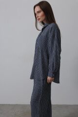 Çizgili Cep Detaylı Oversize Takım - Lacivert