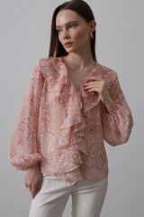 Simli Fırfırlı Gömlek - Somon
