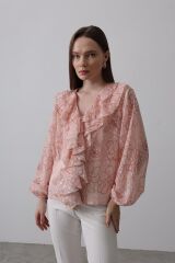 Simli Fırfırlı Gömlek - Somon