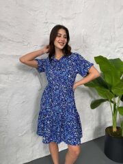 Baskılı Keten Elbise - Lacivert-Beyaz