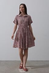 Baskılı Keten Elbise - Lila