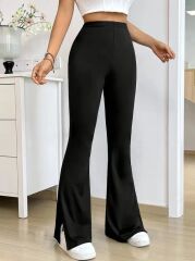 Kadın Yüksek Bel Paçaya Doğru Genişleyen Yandan Yırtmaçlı Dalgıç Pantolon