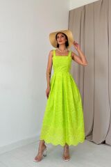 Yağ Yeşili Askılı Aparatlı Brode Elbise