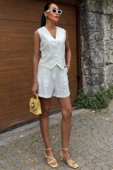 Yelek Şort Flamlı Keten Takım 10133-17